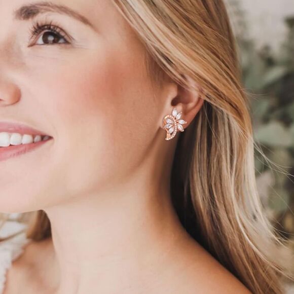 Rose Gold with White Diamond Cubic Zirconia French Clip Post Flower Earrings - Picture 4 of 6